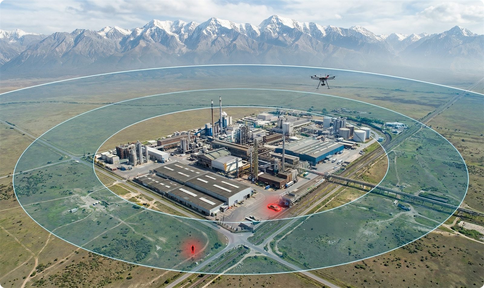 Aerial view of an industrial site inside its monitored perimeter, with intrusions marked at the fence