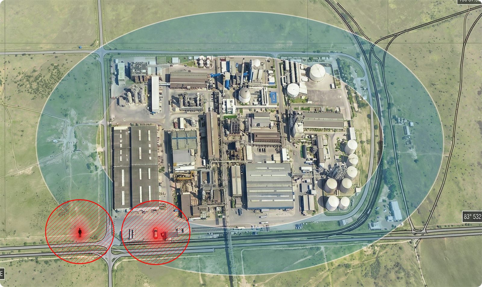 Site map seen from above, with two intrusions located near the perimeter
